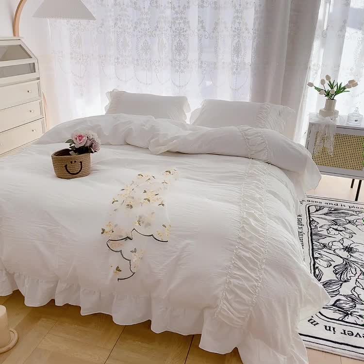 91家纺网 家纺一手货源 找家纺 玛奇朵新款40s全棉水洗棉花边四件套-恬蜜系列实拍图恬蜜-白