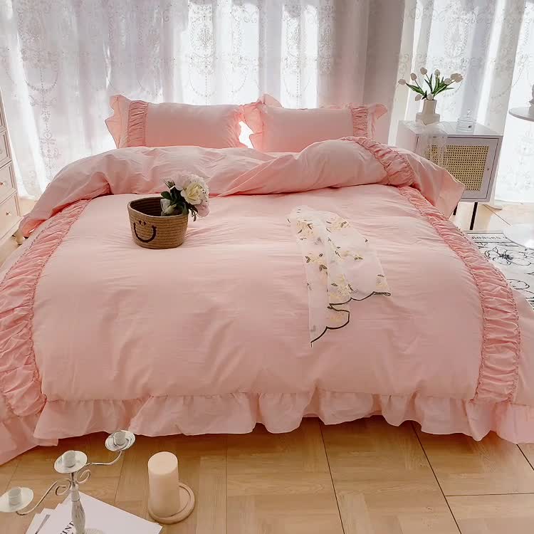 91家纺网 家纺一手货源 找家纺 玛奇朵新款40s全棉水洗棉花边四件套-恬蜜系列实拍图恬蜜-粉