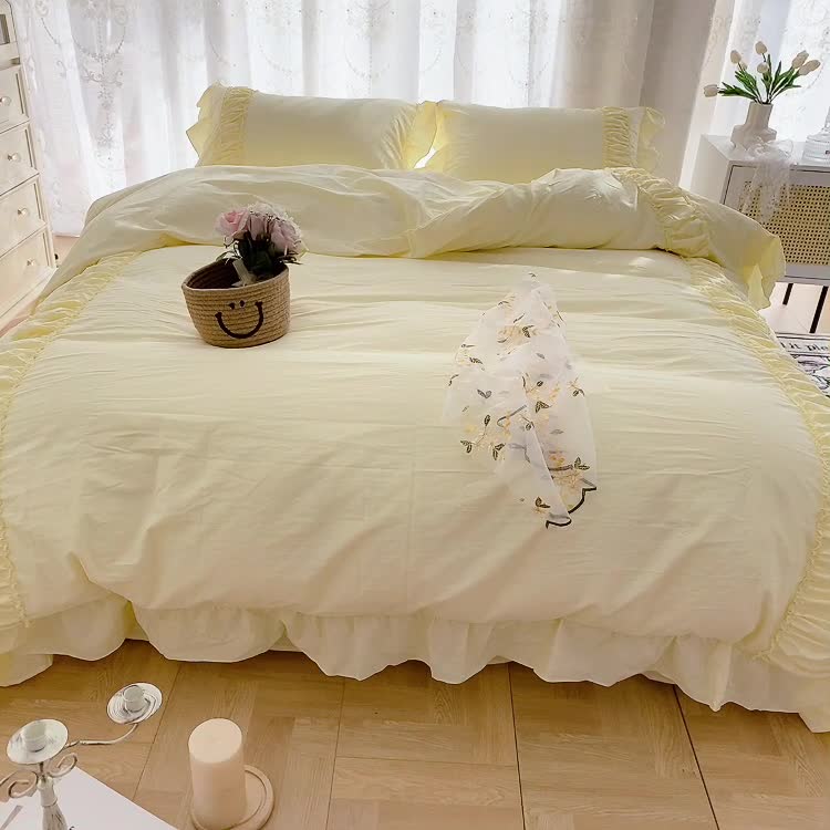 91家纺网 家纺一手货源 找家纺 玛奇朵新款40s全棉水洗棉花边四件套-恬蜜系列实拍图恬蜜-黄