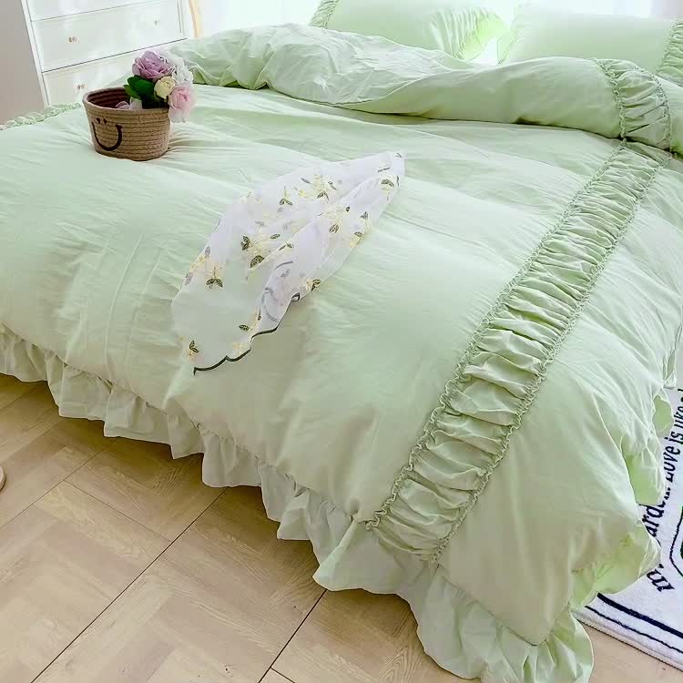 91家纺网 家纺一手货源 找家纺 玛奇朵新款40s全棉水洗棉花边四件套-恬蜜系列实拍图恬蜜-绿