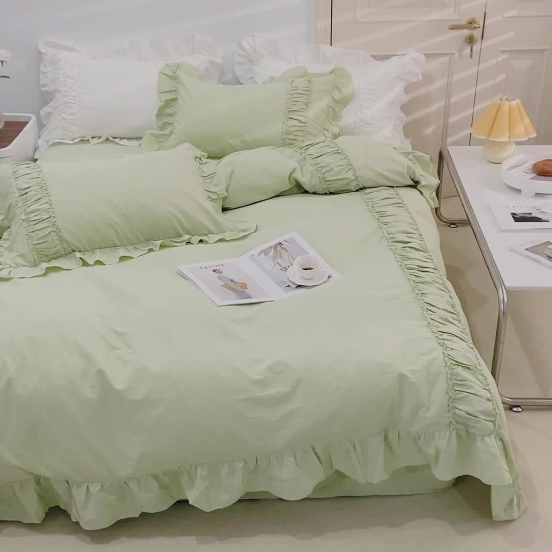 91家纺网 家纺一手货源 找家纺 玛奇朵 新款40s全棉水洗棉花边四件套-恬蜜系列 棚拍图 恬蜜-绿