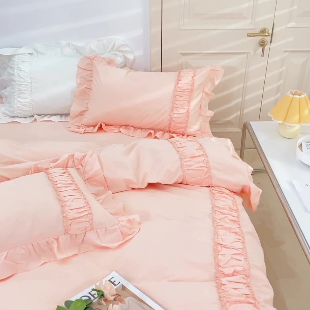 91家纺网 家纺一手货源 找家纺 玛奇朵 新款40s全棉水洗棉花边四件套-恬蜜系列 棚拍图 恬蜜-粉