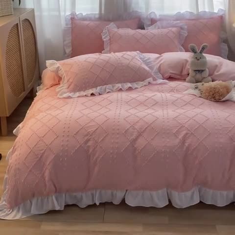 91家纺网 家纺一手货源 找家纺 澳梵家居2022新款韩式立体剪花小清新水洗全棉四件套泡芙粉玉