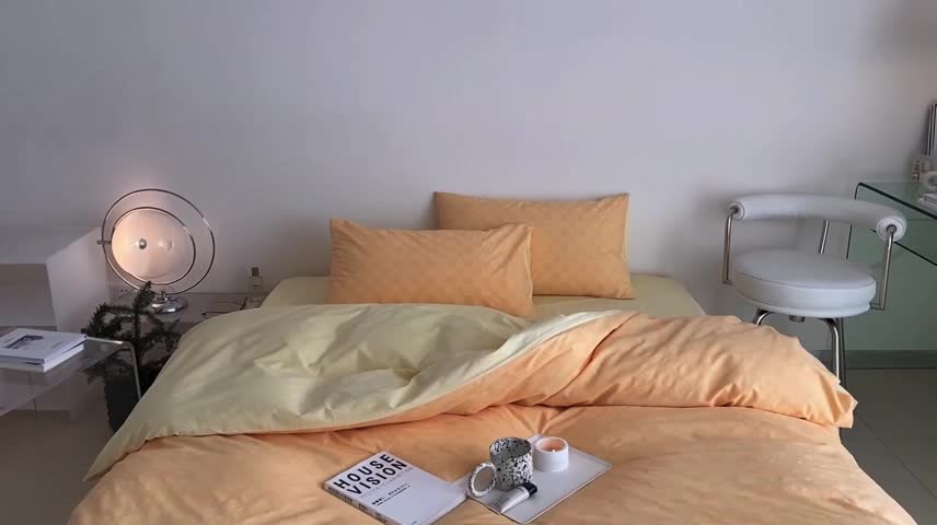 91家纺网 家纺一手货源 找家纺 梦享生活 2022新款水洗棉华夫格双拼四件套华夫格芒果黄双拼