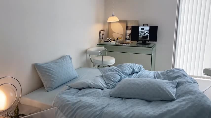 91家纺网 家纺一手货源 找家纺 梦享生活 2022新款水洗棉华夫格双拼四件套 华夫格水蓝纯色