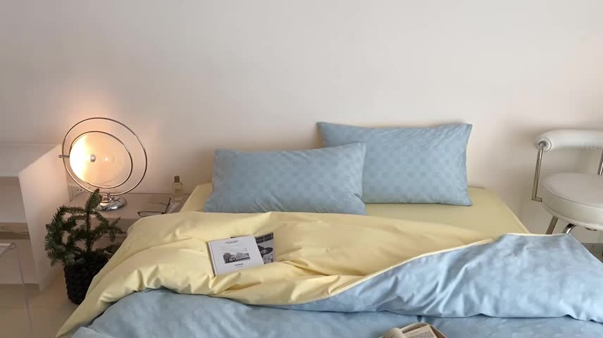 91家纺网 家纺一手货源 找家纺 梦享生活 2022新款水洗棉华夫格双拼四件套 华夫格水蓝双拼