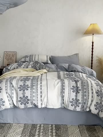 91家纺网 家纺一手货源 找家纺 梦享生活 2022新款全棉色织水洗棉提花四件套 克什米尔蓝