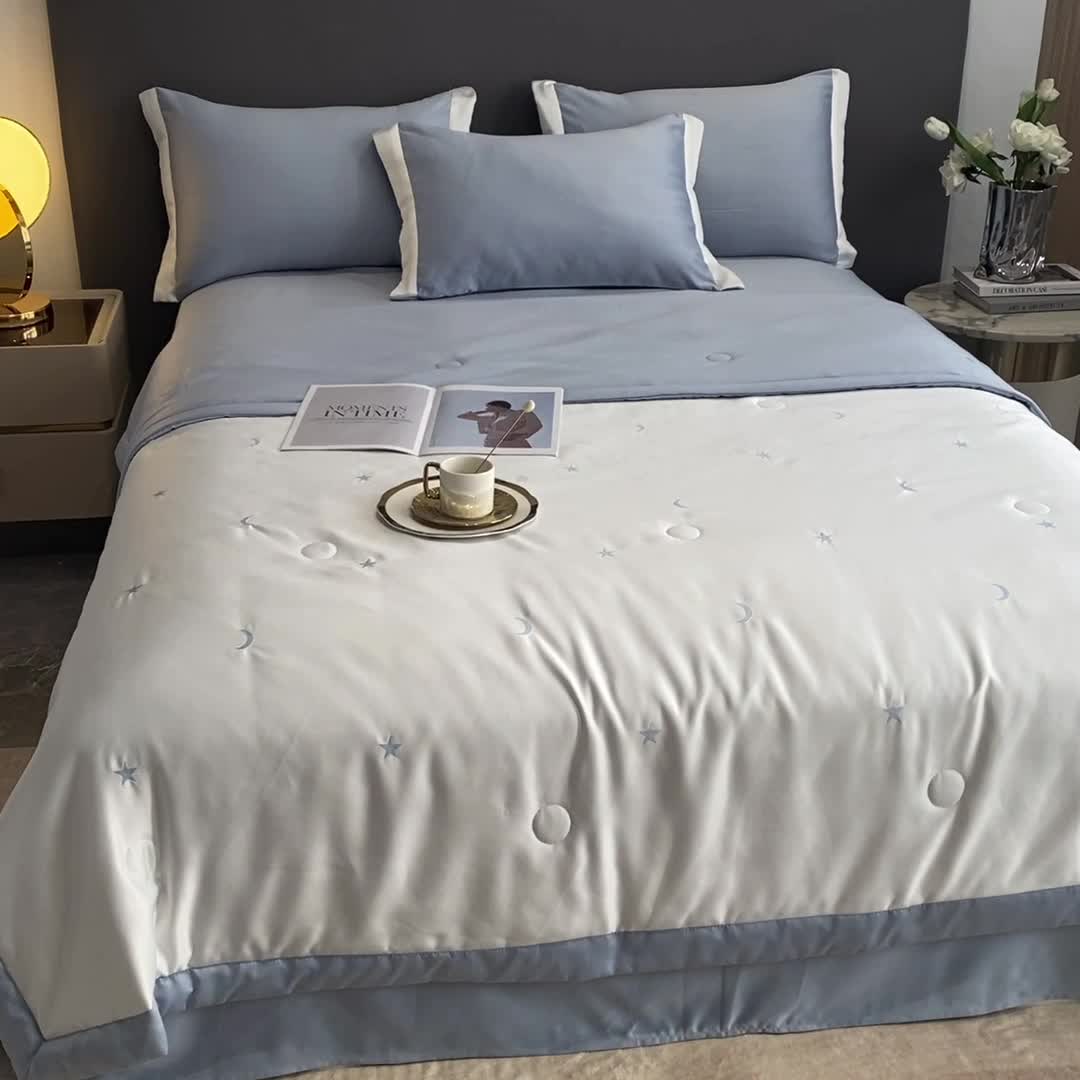 91家纺网 家纺一手货源 找家纺 优悦生活馆 2022新款冰丝夏被四件套 星月-白蓝