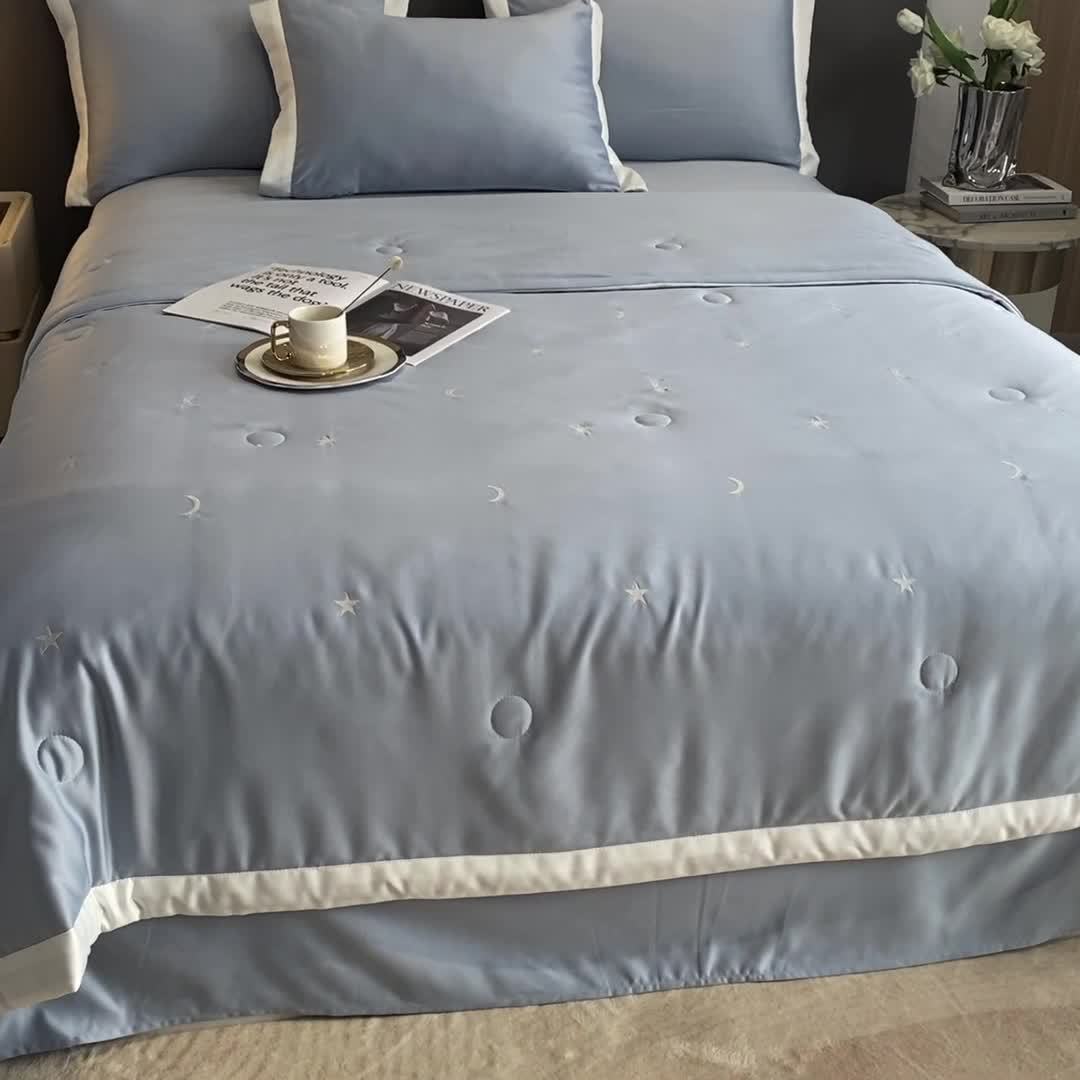 91家纺网 家纺一手货源 找家纺 优悦生活馆 2022新款冰丝夏被四件套 星月-蓝