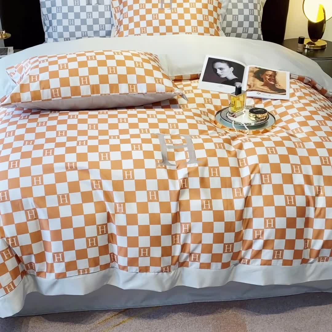 91家纺网 家纺一手货源 找家纺 优悦生活馆 2022新款棋盘格冰丝四件套 棋盘-橘