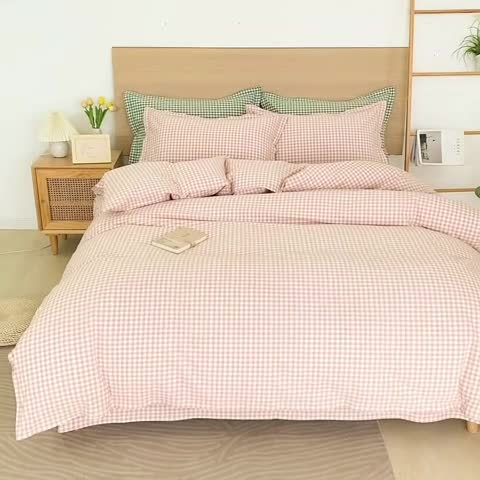 91家纺网 家纺一手货源 找家纺 杜先生 2023新款全棉无印风老粗布四件套直播爆款 无印风小格-玉