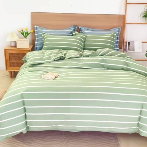 91家纺网 家纺一手货源 找家纺 杜先生 2023新款全棉无印风老粗布四件套直播爆款 无印风条纹-绿