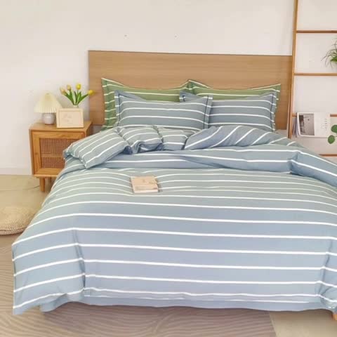 91家纺网 家纺一手货源 找家纺 杜先生 2023新款全棉无印风老粗布四件套直播爆款 无印风条纹-蓝灰