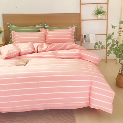 91家纺网 家纺一手货源 找家纺 杜先生 2023新款全棉无印风老粗布四件套直播爆款 无印风条纹-粉玉