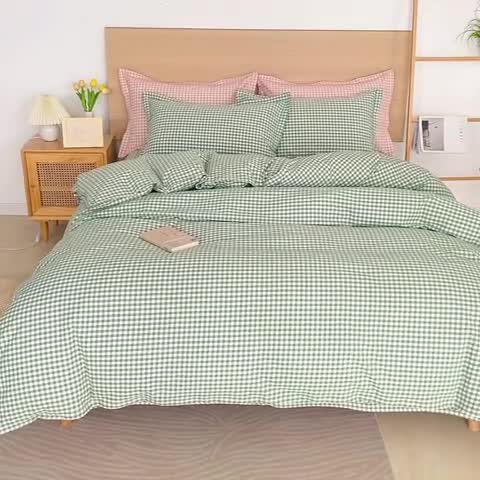 91家纺网 家纺一手货源 找家纺 杜先生 2023新款全棉无印风老粗布四件套直播爆款 无印风格子-绿