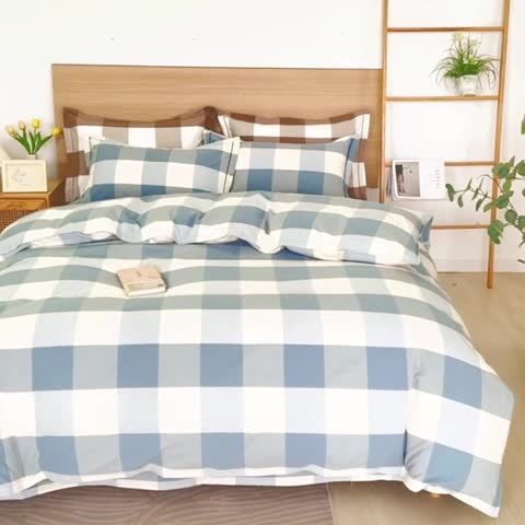 91家纺网 家纺一手货源 找家纺 杜先生 2023新款全棉无印风老粗布四件套直播爆款 无印风格子-蓝