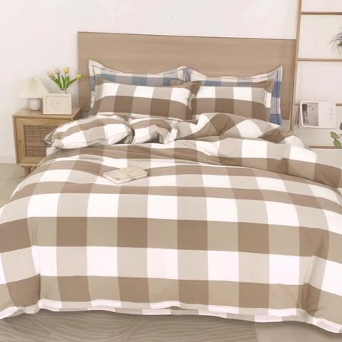 91家纺网 家纺一手货源 找家纺 杜先生 2023新款全棉无印风老粗布四件套直播爆款 无印风格子-咖