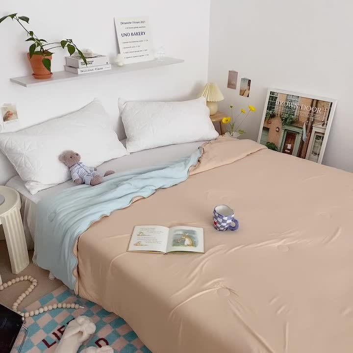 91家纺网 家纺一手货源 找家纺 星期八 2022新款马卡龙针织棉大豆夏被 卡其天蓝