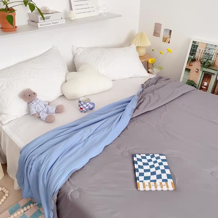 91家纺网 家纺一手货源 找家纺 星期八 2022新款马卡龙针织棉大豆夏被 深灰天蓝