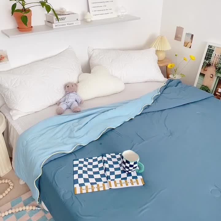 91家纺网 家纺一手货源 找家纺 星期八 2022新款马卡龙针织棉大豆夏被 深蓝浅蓝