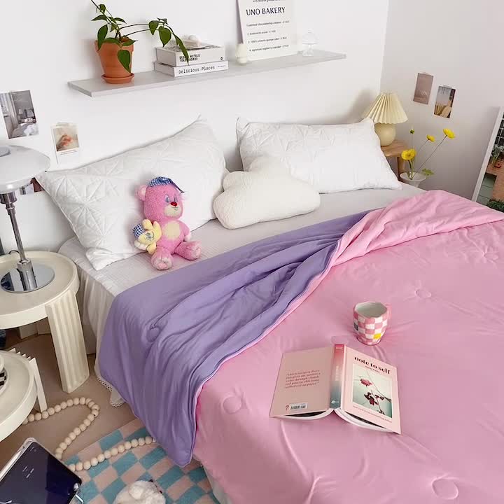 91家纺网 家纺一手货源 找家纺 星期八 2022新款马卡龙针织棉大豆夏被 粉紫