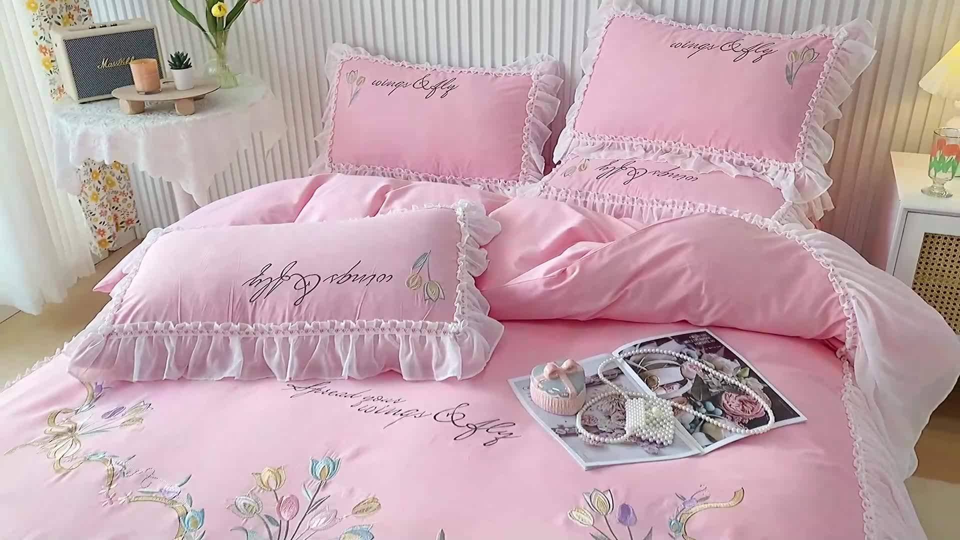 91家纺网 家纺一手货源 找家纺 亲亲公主 新款全棉公主风韩版四件套-温馨时光 粉色