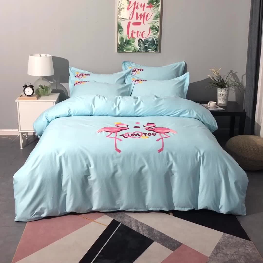 91家纺网 家纺一手货源 找家纺 2022晶缦全棉13372纯色毛巾绣绣花四件套 幸福烈鸟天蓝