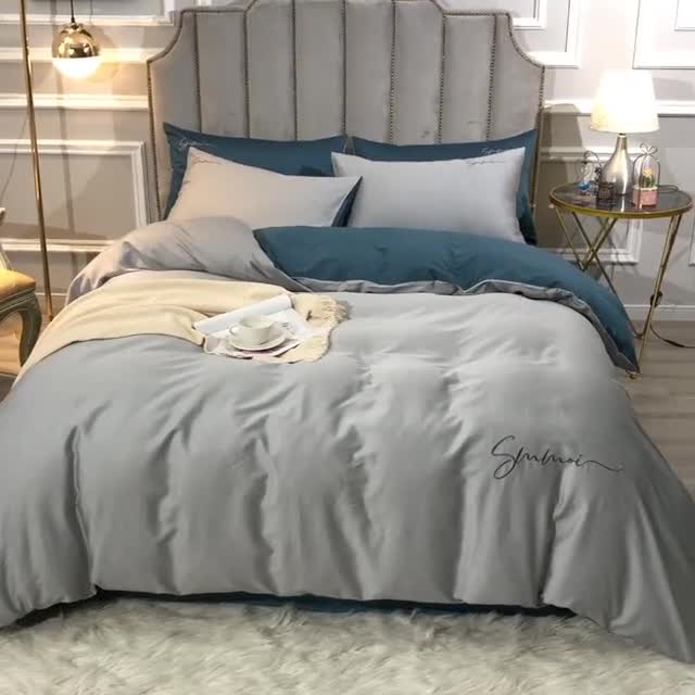 91家纺网 家纺一手货源 找家纺 晶缦 2022新款全棉纯色60S贡缎长绒棉绣花四件套 洛拉-奥丁灰