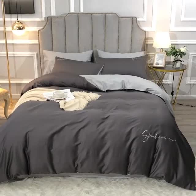 91家纺网 家纺一手货源 找家纺 晶缦 2022新款全棉纯色60S贡缎长绒棉绣花四件套 洛拉-黑灰