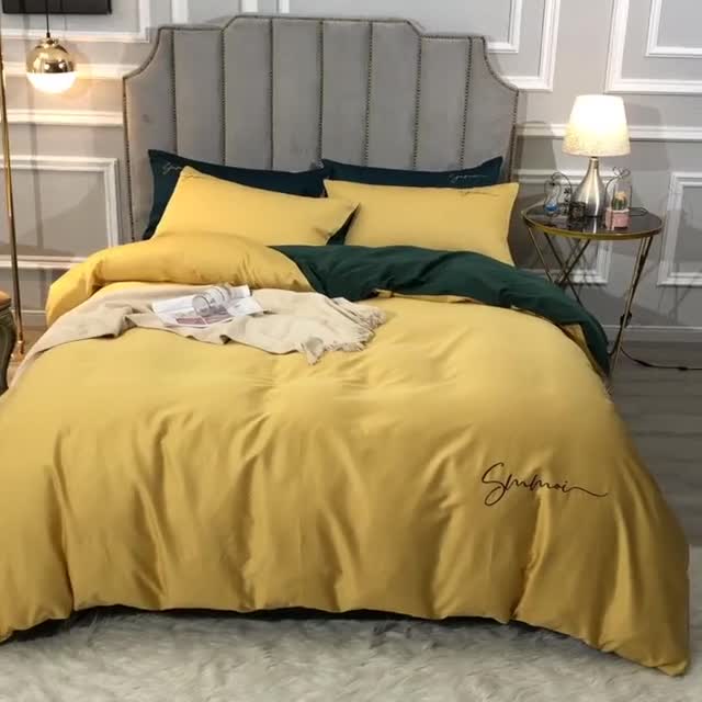 91家纺网 家纺一手货源 找家纺 晶缦 2022新款全棉纯色60S贡缎长绒棉绣花四件套 洛拉-黄色