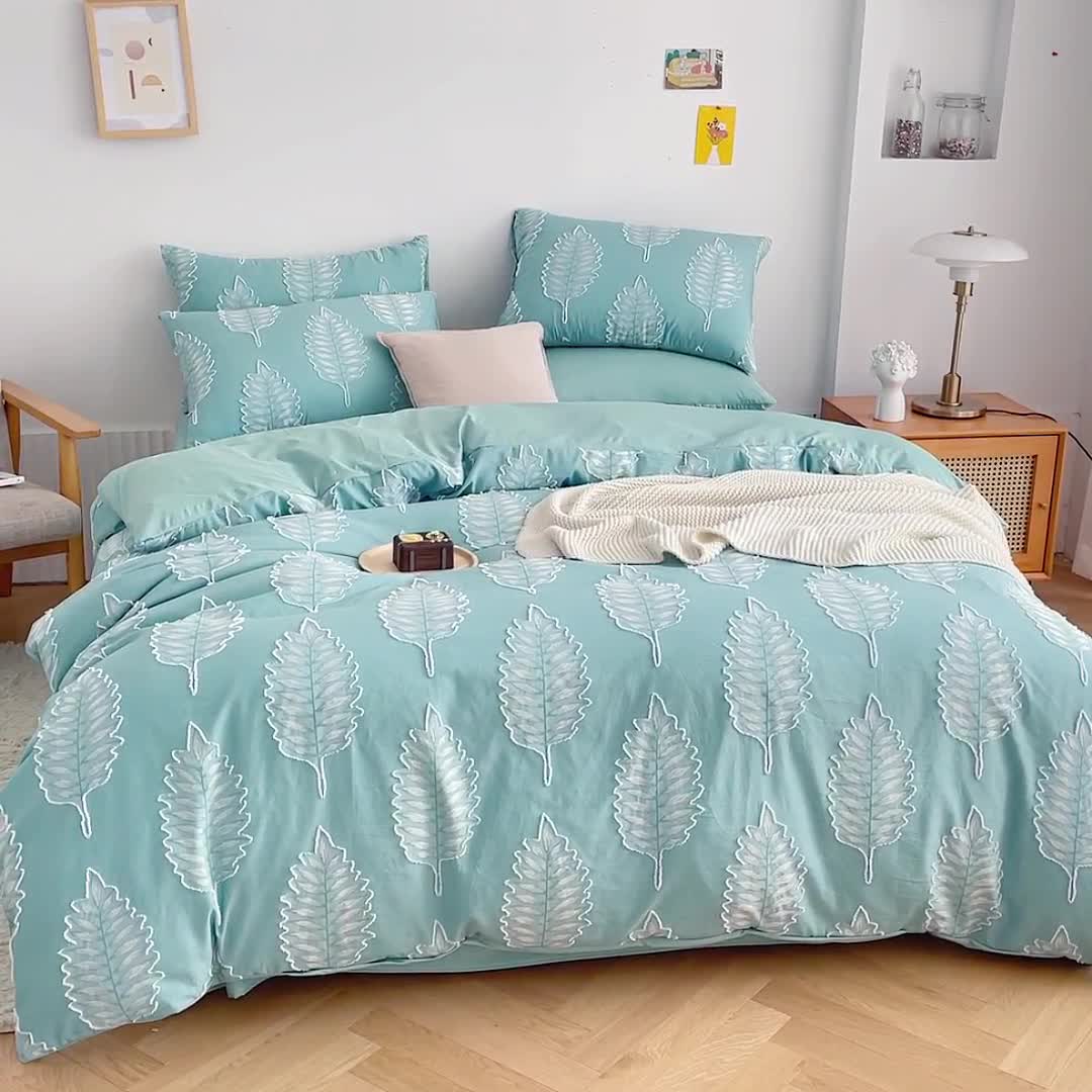 91家纺网 家纺一手货源 找家纺 绒兔兔 2022新款立体花案剪花床单床笠四件套 枫叶薄荷绿