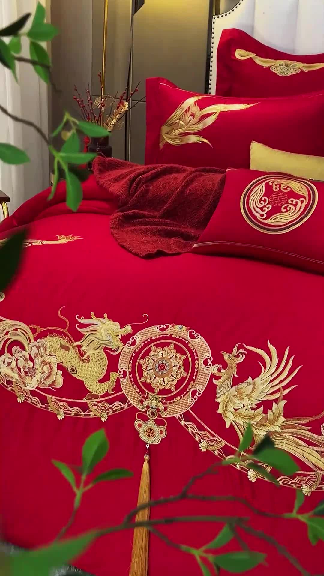 91家纺网 家纺一手货源 找家纺 高大尚2022新品40s全工艺喷气纯棉婚庆套件龙凤喜开颜-金