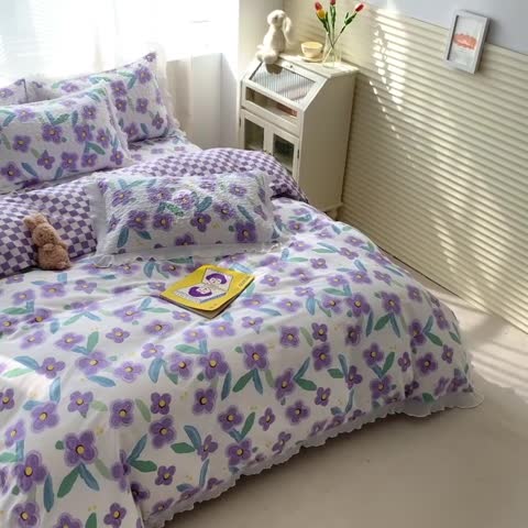 91家纺网 家纺一手货源 找家纺 仟网汇2022全棉喷气13070床盖三件套四件套花语柔情紫