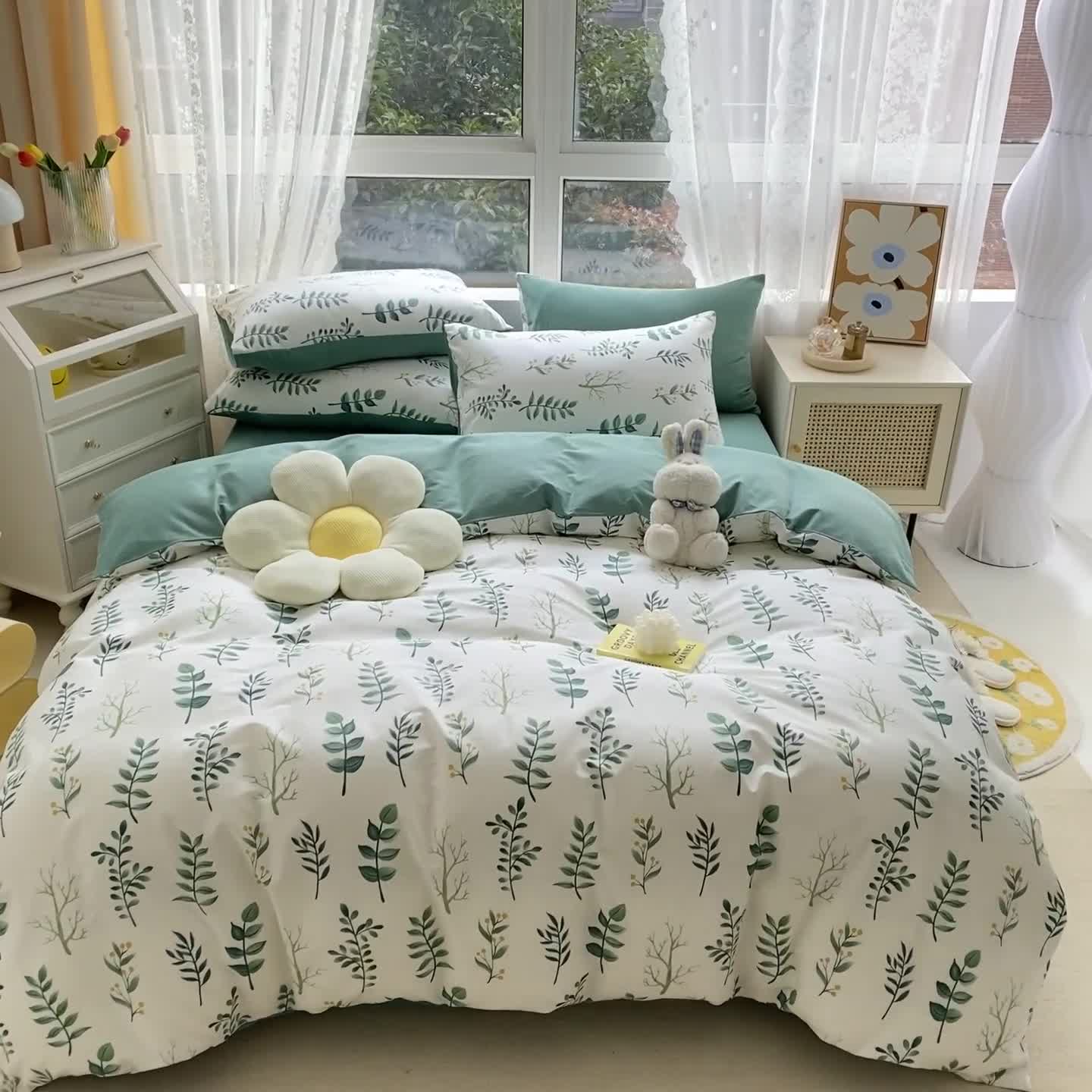 91家纺网 家纺一手货源 找家纺 琪格格纺织 2022新款纯棉小清新套件及单品 花叶