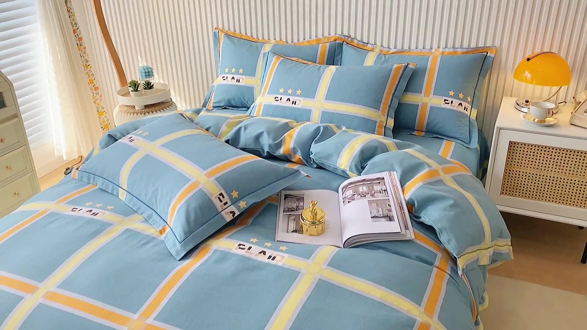 91家纺网 家纺一手货源 找家纺 杜先生22新款全棉加厚磨毛系列床单 星格-蓝（直角床单）