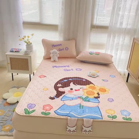 91家纺网 家纺一手货源 找家纺 沐慕 2022新款工艺款大版乳胶凉席 花花女孩-粉