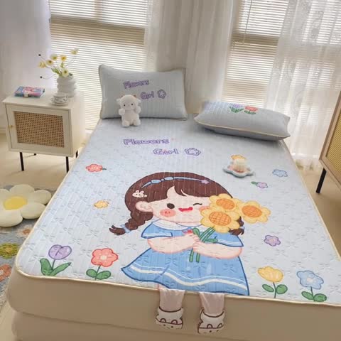 91家纺网 家纺一手货源 找家纺 沐慕 2022新款工艺款大版乳胶凉席 花花女孩-蓝