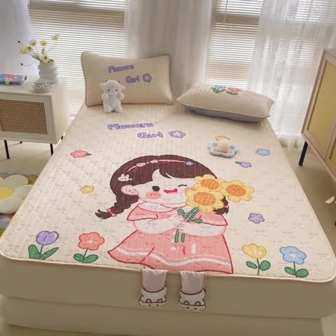 91家纺网 家纺一手货源 找家纺 沐慕 2022新款工艺款大版乳胶凉席 花花女孩-米