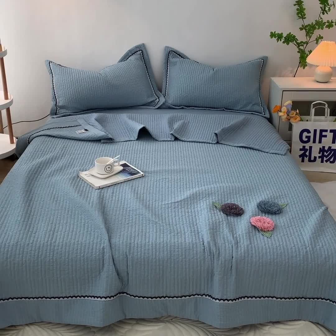 91家纺网 家纺一手货源 找家纺 乐卧2026雅韵蕾丝花边手工花卉夏被四件套有花版海盐蓝有花版