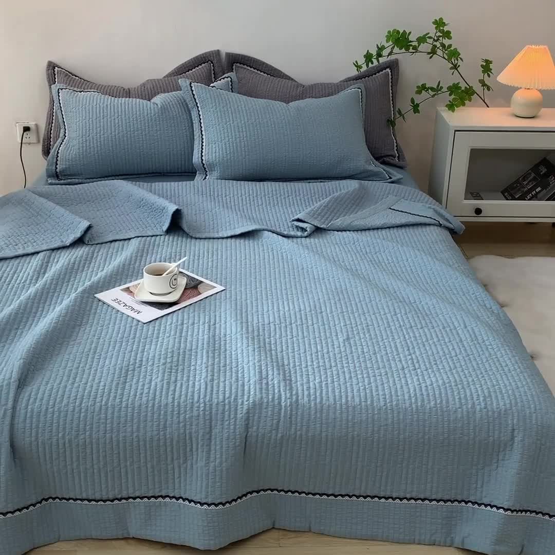 91家纺网 家纺一手货源 找家纺 乐卧2026雅韵蕾丝花边手工花卉夏被四件套简版 海盐蓝-简版