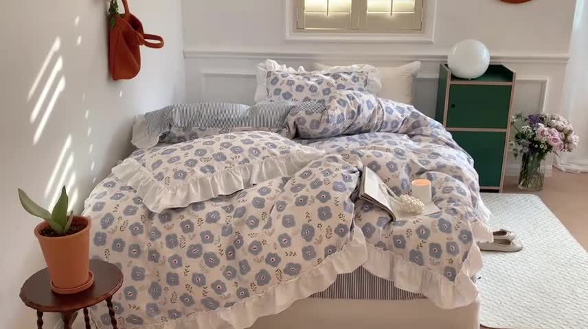 91家纺网 家纺一手货源 找家纺 昔可2022新款复古花花边四件套 蓝色花海