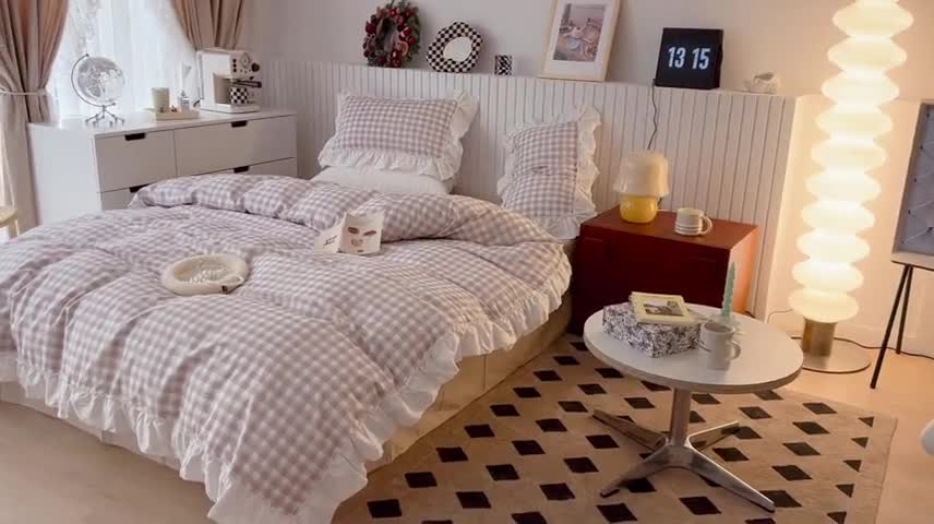 91家纺网 家纺一手货源 找家纺 昔可2022新款花边格子系列四件套 苏格咖