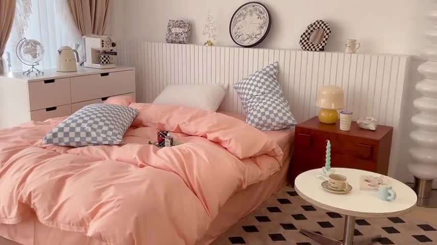 91家纺网 家纺一手货源 找家纺 昔可2022新款混搭纯色棋盘格套件四件套 粉玉蓝棋盘