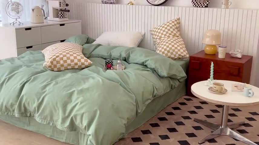 91家纺网 家纺一手货源 找家纺 昔可2022新款混搭纯色棋盘格套件四件套 果绿黄棋盘