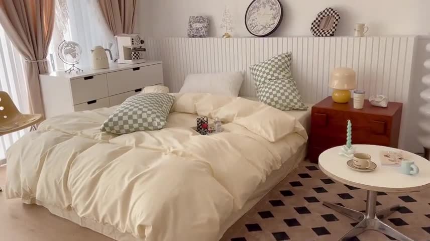 91家纺网 家纺一手货源 找家纺 昔可2022新款混搭纯色棋盘格套件四件套 奶白绿棋盘