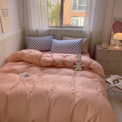 91家纺网 家纺一手货源 找家纺 昔可2022新款混搭纯色棋盘格套件四件套 粉玉蓝棋盘