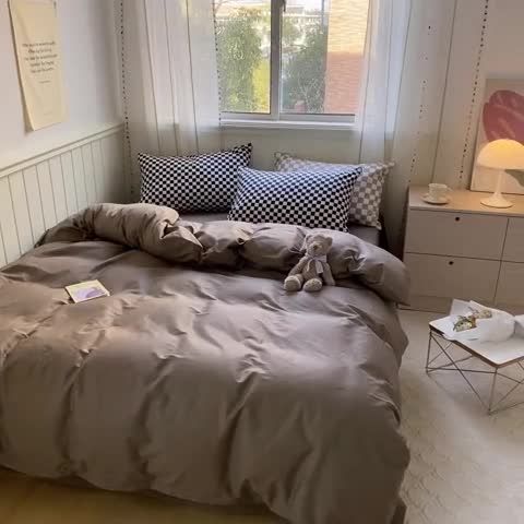 91家纺网 家纺一手货源 找家纺 昔可2022新款混搭纯色棋盘格套件四件套 咖棕黑棋盘