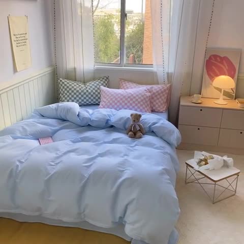 91家纺网 家纺一手货源 找家纺 昔可2022新款混搭纯色棋盘格套件四件套 奶蓝粉棋盘