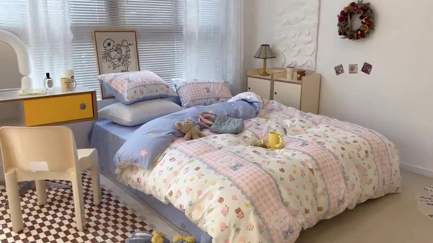 91家纺网 家纺一手货源 找家纺 昔可2022新款印花全棉四件套跑量款 蕾丝花熊