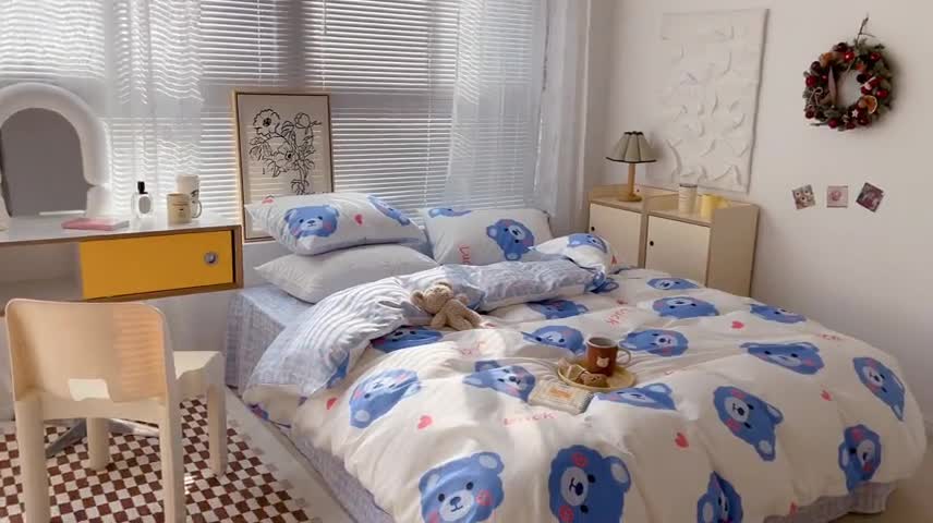 91家纺网 家纺一手货源 找家纺 昔可2022新款印花全棉四件套跑量款 幸运蓝熊